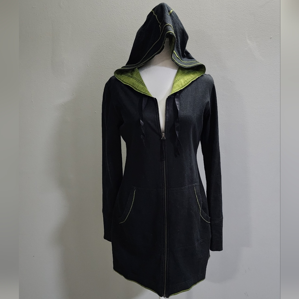 "Yoga" Used Dark Grey and Green Longline Zip-up Hoodie, M